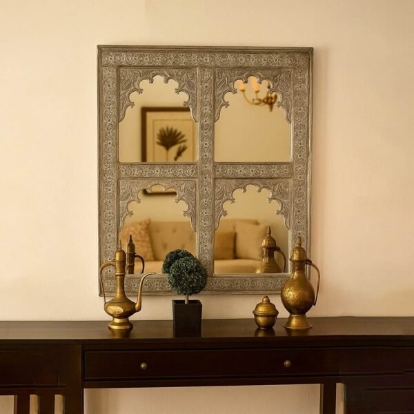 Ornello Handcrafted Sheesham Wood Mirror – Vintage Jharokha Design Wall Mirror with Floral Carving