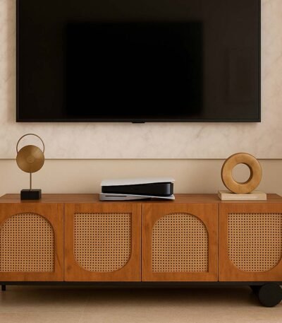 Handcrafted Sheesham wood TV cabinet with arched cane weave doors and unique curved side design