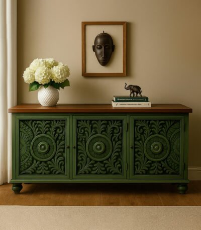Ornate green Sheesham wood console table featuring intricate carved patterns, ideal for adding a vintage touch to contemporary spaces.