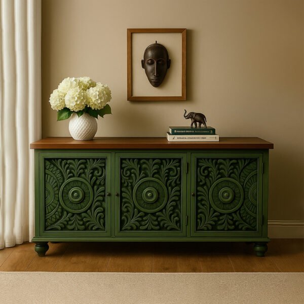 Ornate green Sheesham wood console table featuring intricate carved patterns, ideal for adding a vintage touch to contemporary spaces.