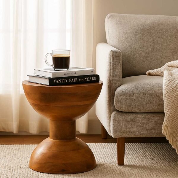 Timbra Hourglass Mango Wood Side Table | Modern Sculptural Accent Stool- Wooden Slice
