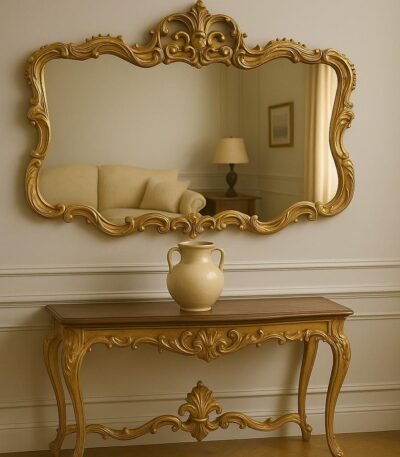 Luxury gold-finished Sheesham wood mirror with ornate Baroque-style handcrafted detailing