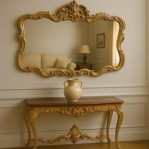 Luxury gold-finished Sheesham wood mirror with ornate Baroque-style handcrafted detailing