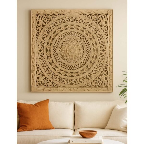 Spiral Bloom Handcrafted Sheesham Wood Carved Wall Art | Natural Finish Mandala Panel Decor- Wooden Slice