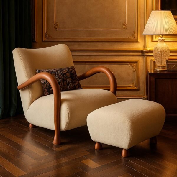 Zuri Handcrafted Sheesham Wood Armchair - Modern Curved Arm Sofa Chair | Bouclé Upholstery- Wooden Slice