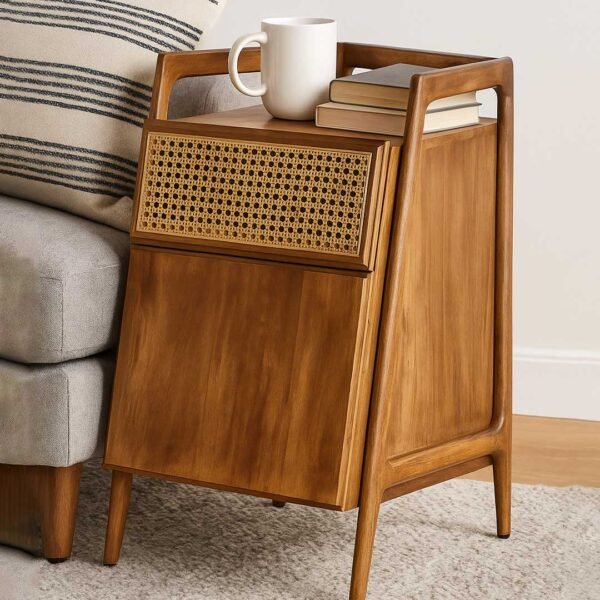 Tabra Modern Cane and Mango Wood Side Table| Nightstand with Storage- Wooden Slice