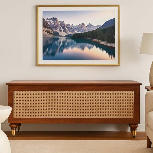 Aaramika Handcrafted Sheesham Wood & Cane Storage Ottoman | Bench with Rattan Weave Accent- Wooden Slice