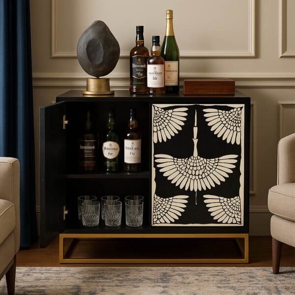 Tarkashi Handcrafted Sheesham Wood Bar Cabinet with Bone Inlay | Black Finish Wooden Storage Cabinet- wooden slice