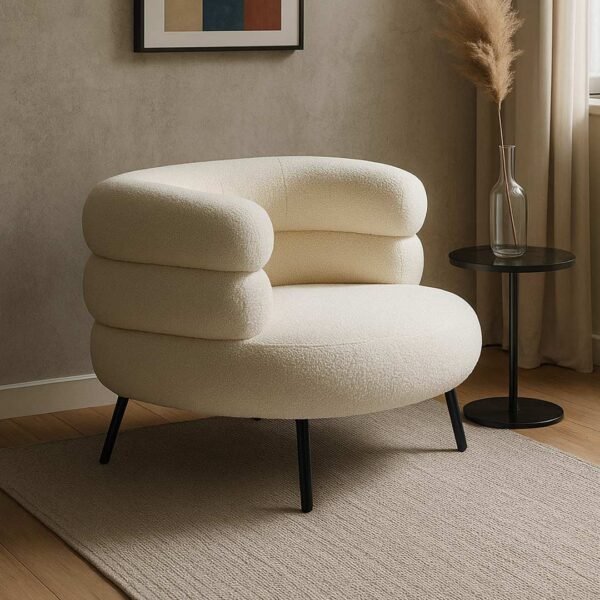 Restique Handcrafted Sheesham Wood Armchair with Natural Cane & Boucle Upholstery( Natural Finish)
