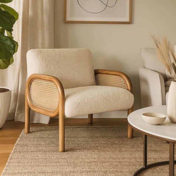 Ambrest Handcrafted Sheesham Wood Armchair | Natural Cane & Boucle Lounge Chair - Wooden Slice