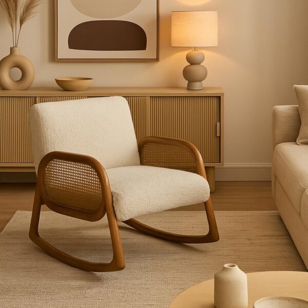 Perch Handcrafted Sheesham Wood Armchair | Natural Cane & Upholstered Lounge Chair - Wooden Slice