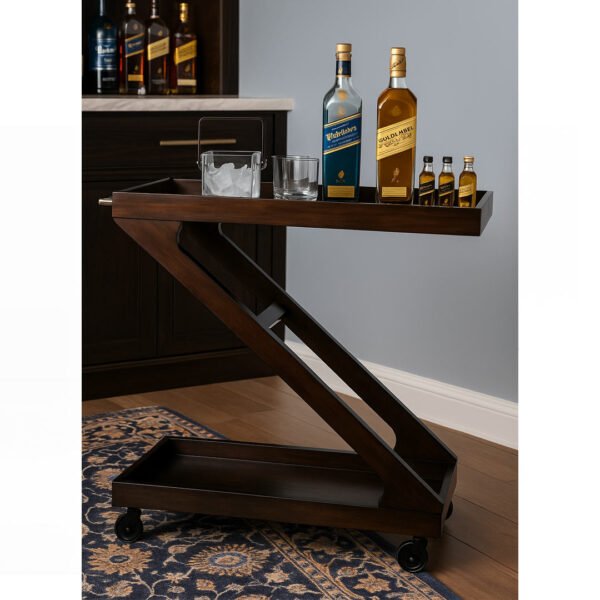 Ziggy Handcrafted Sheesham Wood Z-Shaped Bar Trolley | Modern Mobile Serving Cart- Wooden Slice