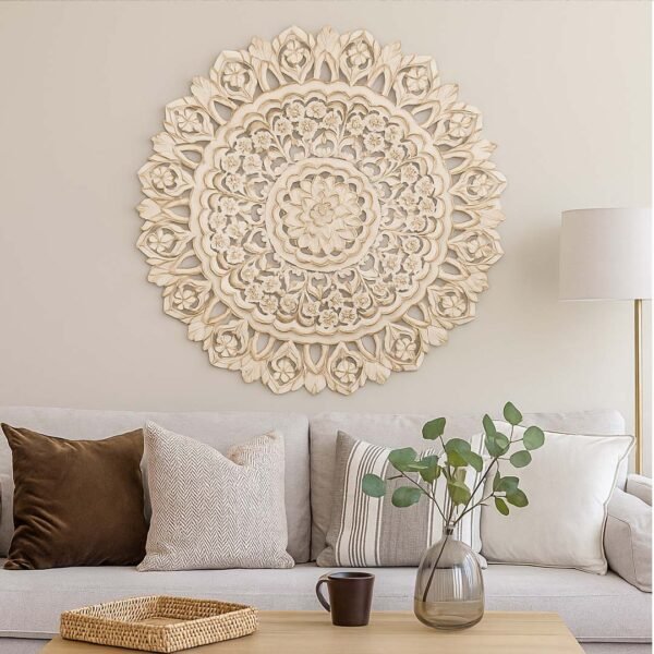 Aalekh Handcrafted Sheesham Wood Carved Round Wall Art | Whitewashed Floral Medallion Decor- wooden slice
