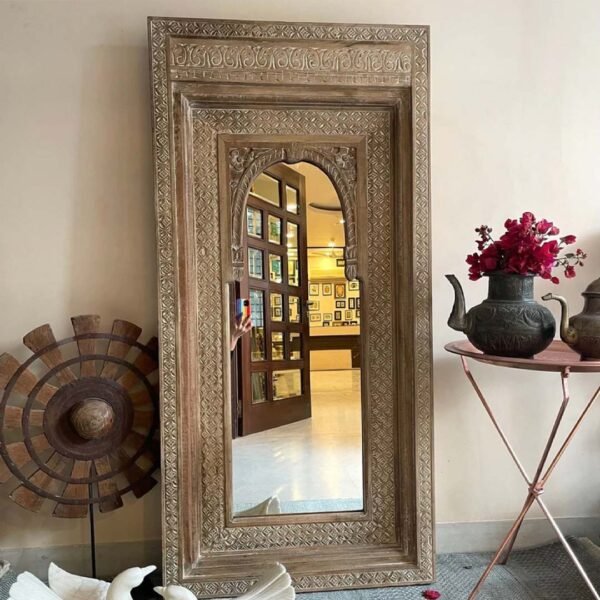 Majesta Handcrafted Sheesham Wood Mirror, Jharokha Mirror (Golden Brown Finish) - Wooden Slice