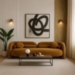Handcrafted mango wood modern curved sofa with velvet upholstery and matching round cushions