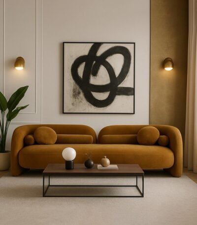 Handcrafted mango wood modern curved sofa with velvet upholstery and matching round cushions