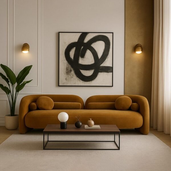 Handcrafted mango wood modern curved sofa with velvet upholstery and matching round cushions