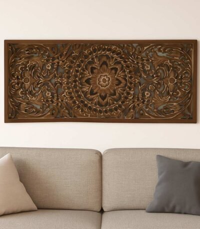 Handcarved Sheesham wood wall panel featuring a detailed floral and vine design in a rectangular shape.
