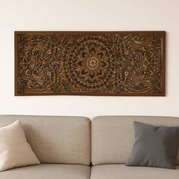 Handcarved Sheesham wood wall panel featuring a detailed floral and vine design in a rectangular shape.