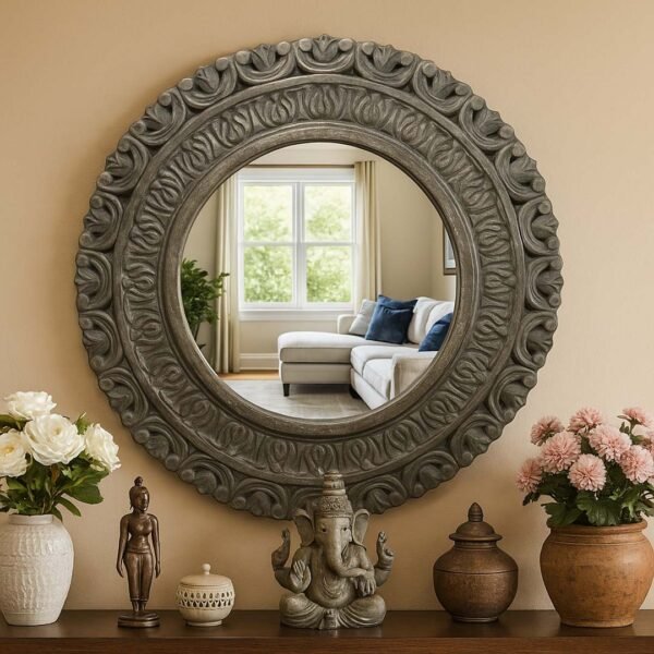 Mandala Gaze: Handcarved Sheesham Wood Round Mirror – Wooden Slice