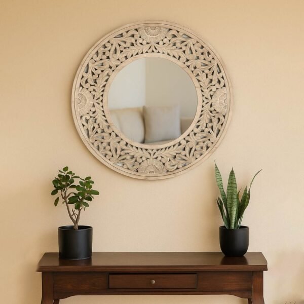 Luminara Handcrafted Mango Wood Round Shape Mirror (Warm Beige)- Wooden Slice