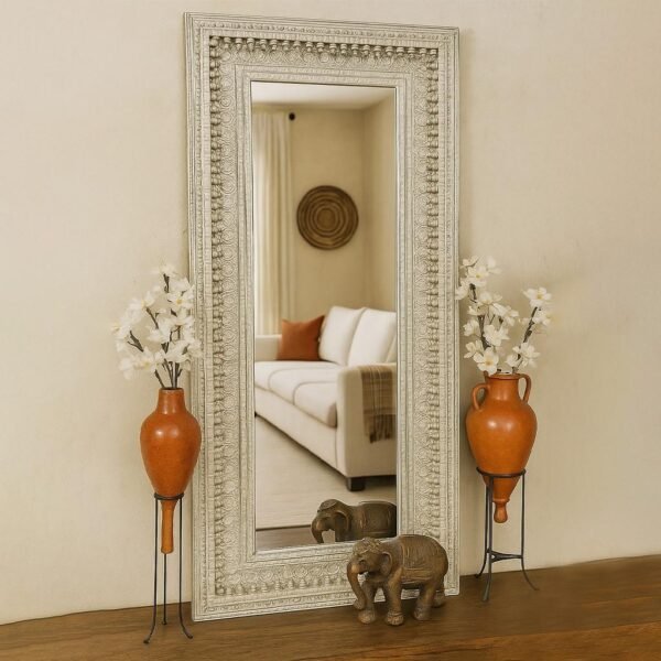 Vertical handcrafted Sheesham wood mirror with silver antique finish and intricate carving