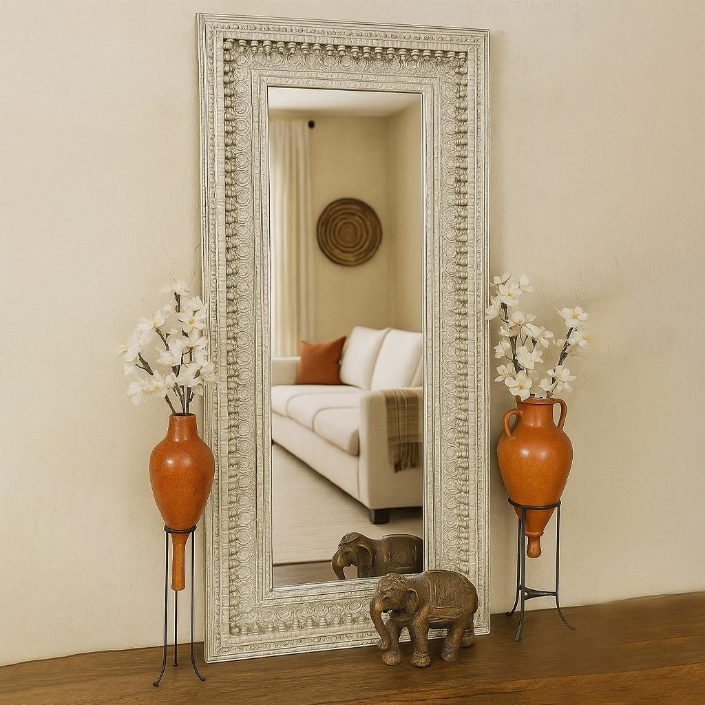 Vertical handcrafted Sheesham wood mirror with silver antique finish and intricate carving