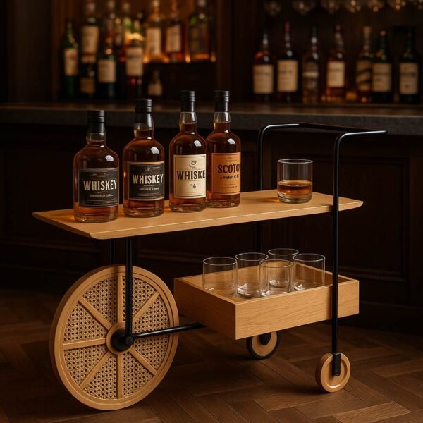 Vintor-Handcrafted Sheesham Wooden Bar Trolley with Cane Wheel | Modern Serving Cart- Wooden Slice