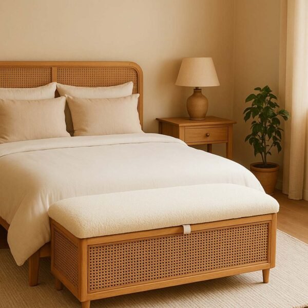 Canora Handcrafted Mango Wood & Cane Storage Ottoman | Upholstered Bench- Wooden Slice