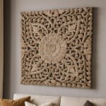 Square Sheesham wood wall art with intricate floral carving and blooming centerpiece, ideal for bohemian or rustic decor.