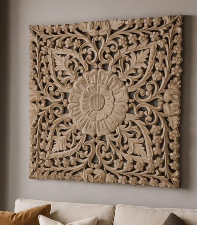 Square Sheesham wood wall art with intricate floral carving and blooming centerpiece, ideal for bohemian or rustic decor.
