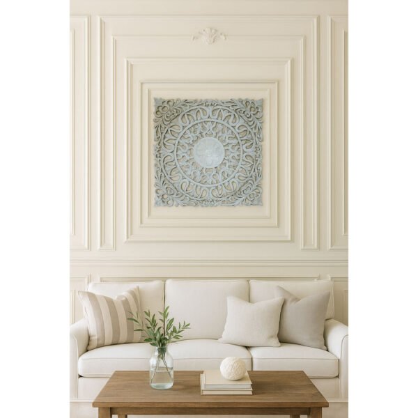 Coastal Carve Handcrafted Sheesham Wood Carved Wall Art | Distressed White Mandala Panel Decor- Wooden Slice