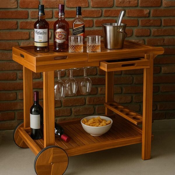 Rasira Handcrafted Sheesham Wood Outdoor Bar Cart | Slatted Top Serving Trolley with Wine Rack- wooden slice