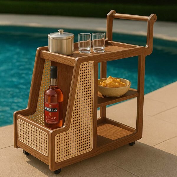 Rasvahan  Handcrafted Sheesham Wood & Cane Bar Trolley | Mid-Century Modern Serving Cart- Wooden Slice