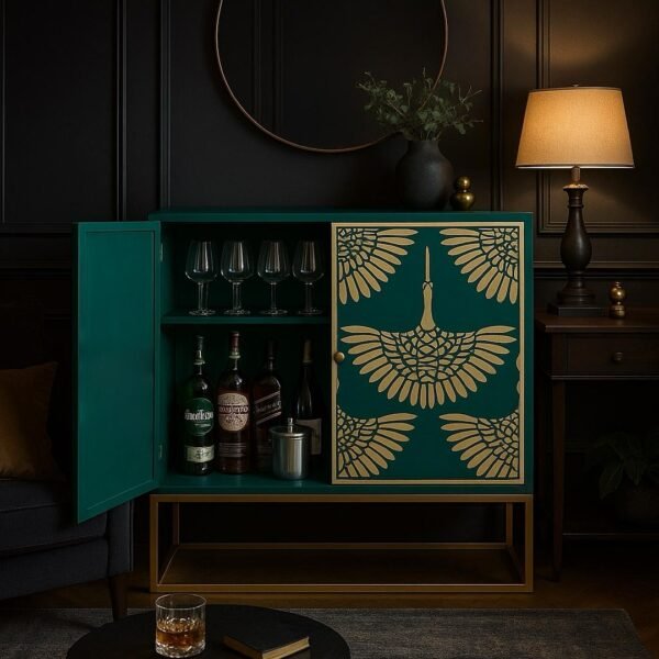 Rasika Handcrafted Teal & Gold Crane Bar Cabinet | Sheesham Wood Storage with Brass Inlay