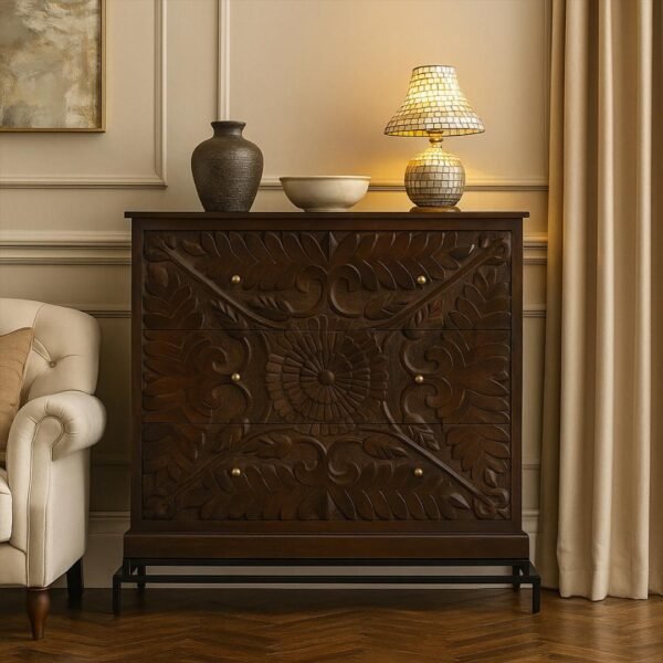 Brunet Hand-Carved Sheesham Wood Console Table - Dark Finish & Metal Base