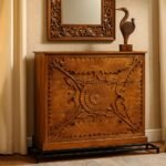Handcrafted Sheesham wood dresser with intricate floral carving and black metal base