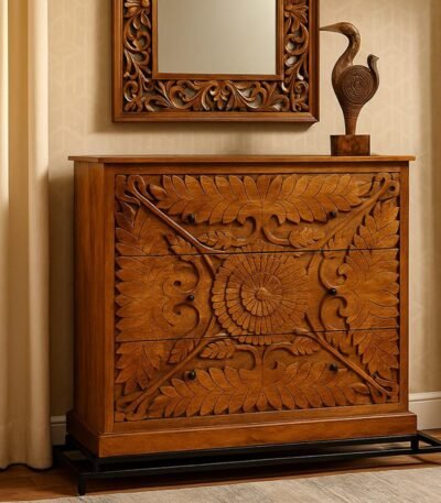 Handcrafted Sheesham wood dresser with intricate floral carving and black metal base