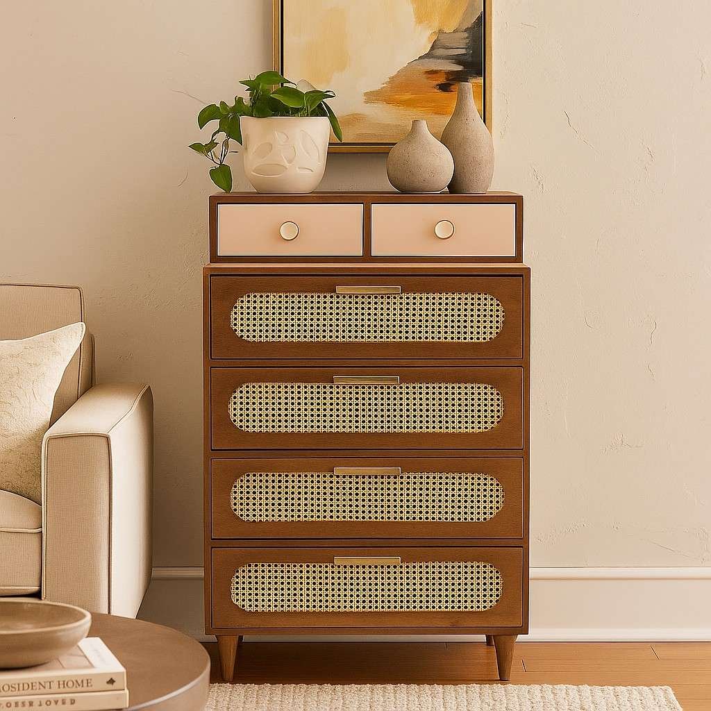 Mid-century modern dresser with four drawers featuring cane fronts and sleek brass handles, perfect for contemporary home decor.